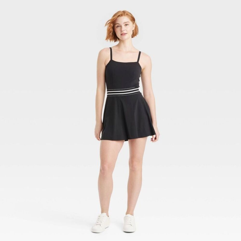 JoyLab Black Strappy Midi Dress with White Waist Stripes